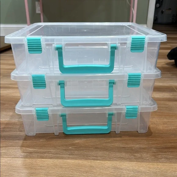Stackable Clear Storage Boxes with Teal Accents - Picture 1 of 3